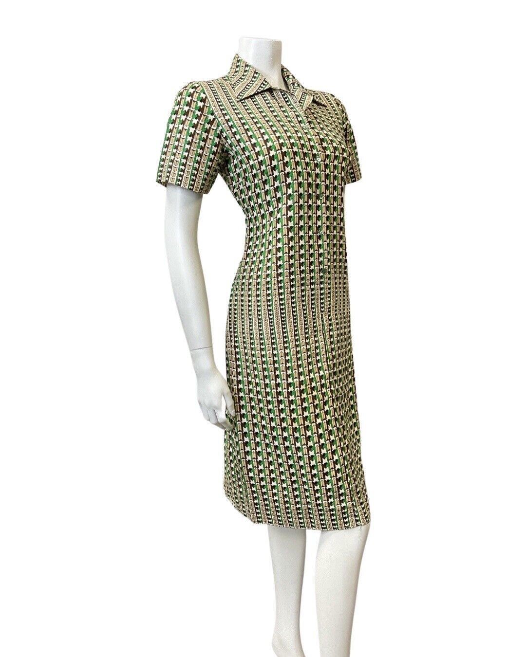 VINTAGE 60s 70s GREEN BROWN WHITE GEOMETRIC OP-ART MOD SHIRT DRESS 8 10