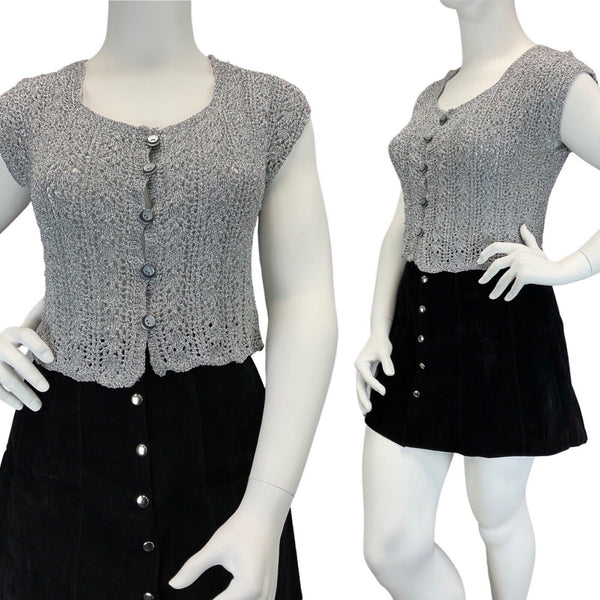 VINTAGE 60s 70s SILVER CROCHETED DISCO PARTY KNIT CROPPED VEST TOP 14 16