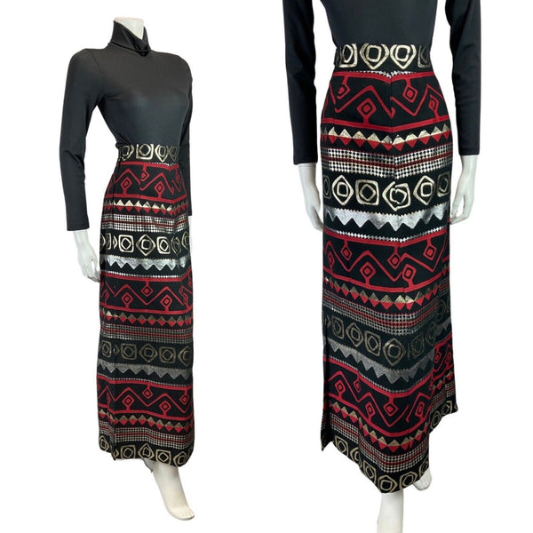 VINTAGE 60s 70s BLACK SILVER RED METALLIC EMBROIDERED GEOMETRIC MAXI SKIRT 8 10