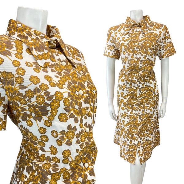 VINTAGE 60s 70s BROWN GOLD WHITE FLORAL LEAFY SPOON COLLAR MOD SHIRT DRESS 14 16