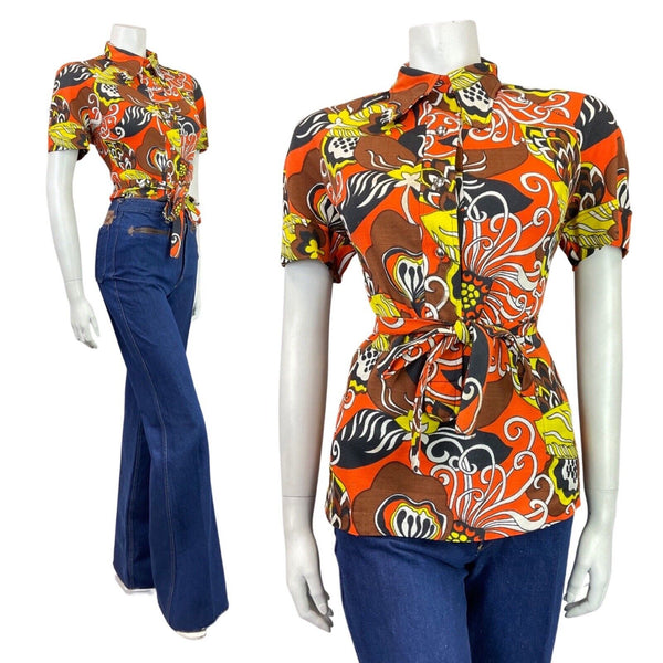 VINTAGE 60s 70s BROWN ORANGE YELLOW PSYCHEDELIC FLORAL SPOON COLLAR BLOUSE 16