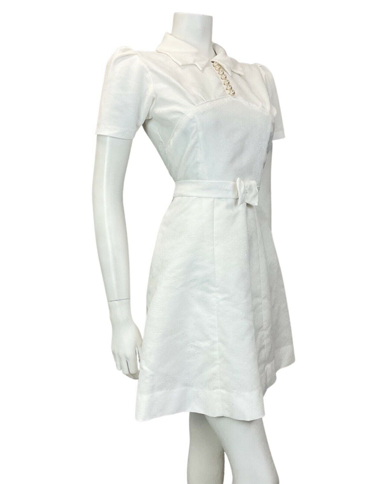 VINTAGE 60s 70s BRIGHT WHITE FLORAL BELTED MOD SHIRT SHORT DRESS 10