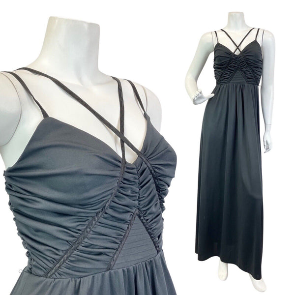 VINTAGE 70s JET BLACK RUCHED STRAPPY GLAM GOWN MAXI DRESS 6 8