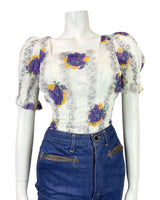 VINTAGE 60s 70s WHITE PURPLE YELLOW FLORAL SHIRRED BOHO PRAIRIE CROPPED TOP 6
