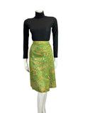 VINTAGE YELLOW GREEN PAISLEY PRINT PSYCHEDELIC KNEE LENGTH 60s 70s SKIRT 14