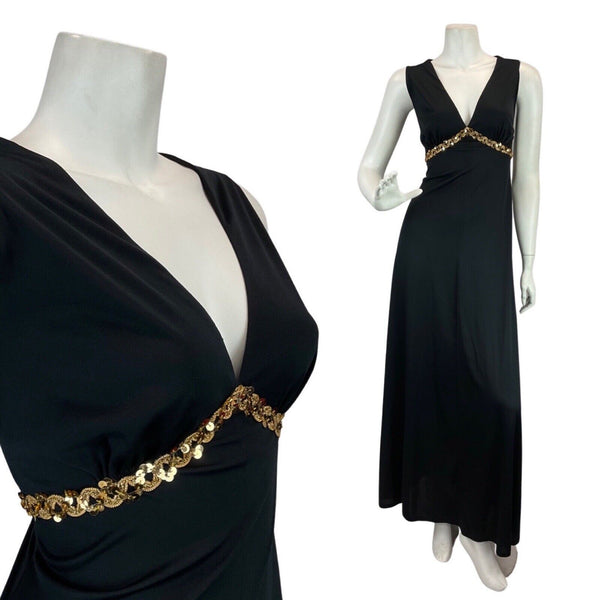 VINTAGE 60s 70s BLACK GOLD SEQUIN GLAM SLEEVELESS EVENING GOWN MAXI DRESS 10