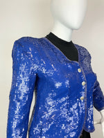 VINTAGE 70s 80s BRIGHT BLUE GOLD DISCO PARTY GLAM SEQUIN TROPHY JACKET 16 18