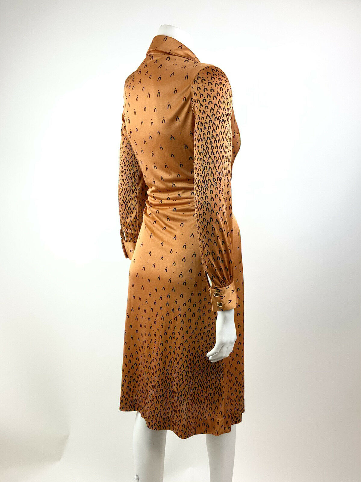 VINTAGE 60s 70s ORANGE BRONZE BLACK GEOMETRIC MOD DAGGER SHIRT DRESS 8 10