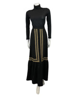 VINTAGE 60s 70s BLACK GOLD RIC-RAC EMBROIDERED PARTY GLAM MAXI SKIRT 10