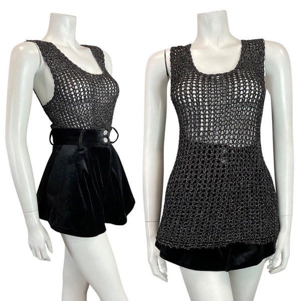 VINTAGE 60s 70s BLACK SILVER CROCHETED KNITTED DISCO PARTY VEST TOP 10 12