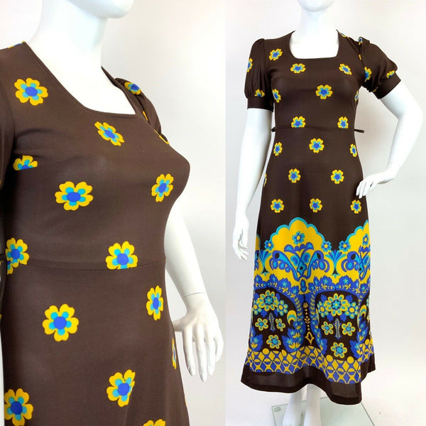 VINTAGE 60s 70s BROWN BLUE YELLOW FLORAL DECO PUFF SLEEVE MOD BOHO MAXI DRESS 16