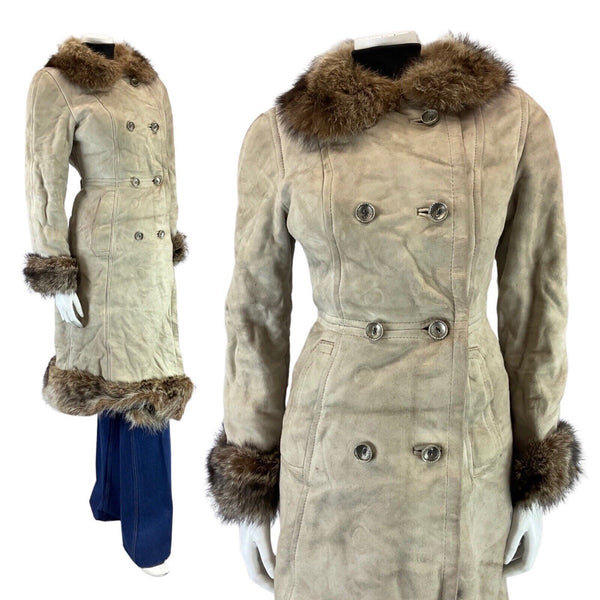 VINTAGE 60s 70s PEANUT BROWN DOUBLE BREASTED MOD SUEDE SHEARLING COAT 8 10