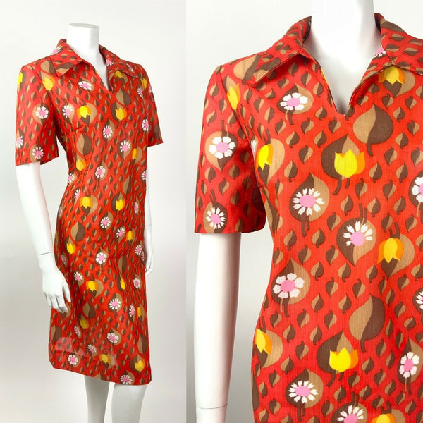 VINTAGE 60s 70s RED BROWN WHITE LEAFY FLORAL DAISY WING COLLAR SHIRT DRESS 16 18