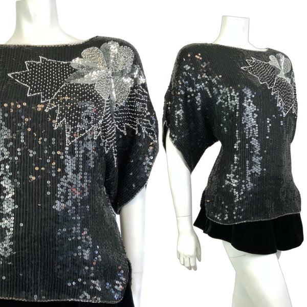 VINTAGE 70s 80s BLACK SILVER WHITE SEQUIN BEADED FLORAL DISCO PARTY TOP 16 18