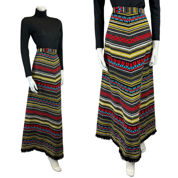 VINTAGE 60s 70s GREY RED YELLOW STRIPED GEOMETRIC EMBROIDERED MAXI SKIRT 8
