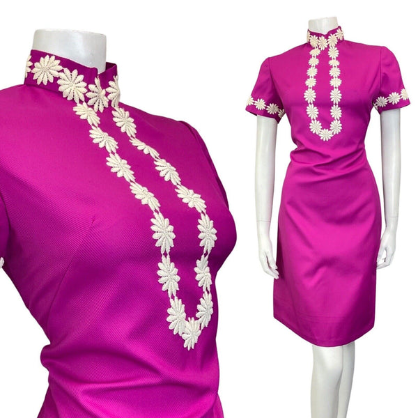 VINTAGE 60s 70s BRIGHT PURPLE WHITE DAISY FLOWER MOD FITTED DRESS 10 12
