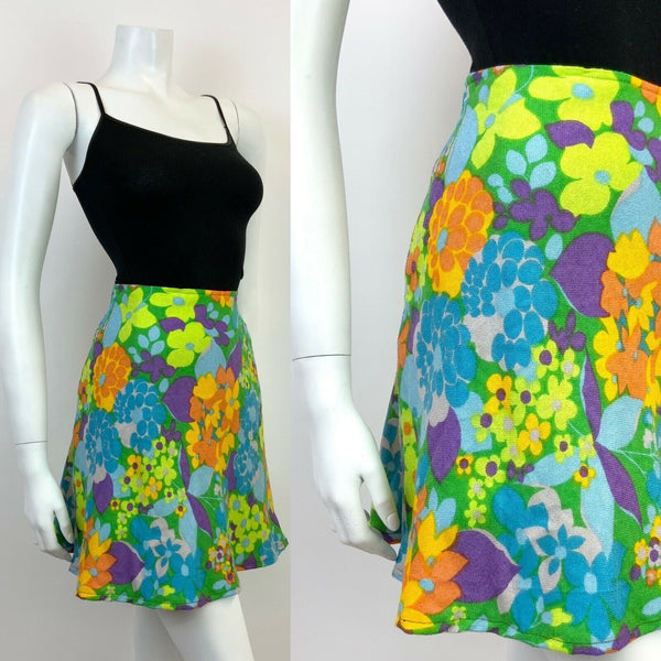 VINTAGE 60s 70s GREEN BLUE PURPLE YELLOW FLORAL PSYCHEDELIC MOD SKIRT 6 8