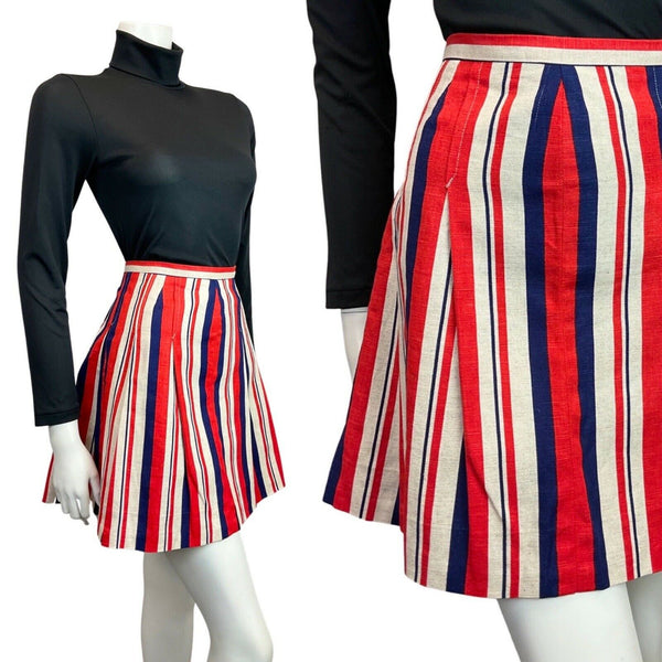 VINTAGE 60s 70s RED BLUE WHITE STRIPED PLEATED MOD MINI SKIRT 6 8
