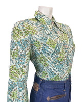 VINTAGE 60s 70s BLUE GREEN WHITE DITSY FLORAL DOG-EAR COLLAR SHIRT BLOUSE 14 16