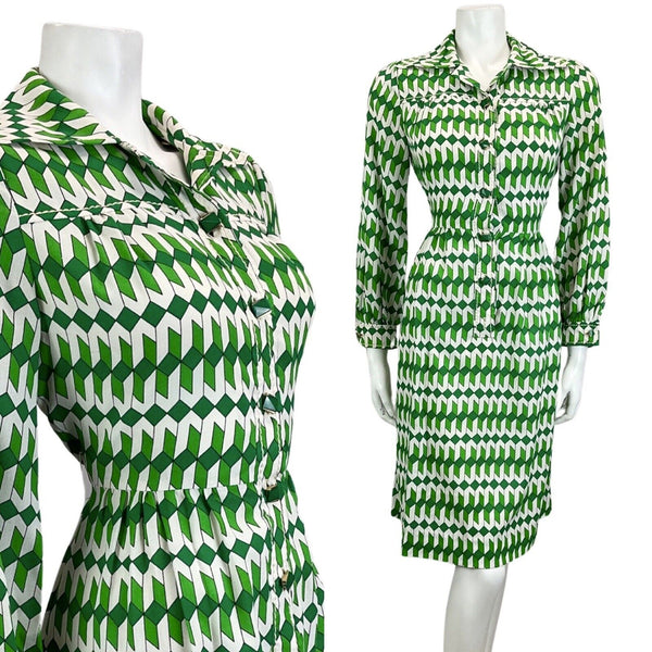 VINTAGE 60s 70s WHITE GREEN ABSTRACT PRINT MOD DISCO PARTY DRESS 10 12