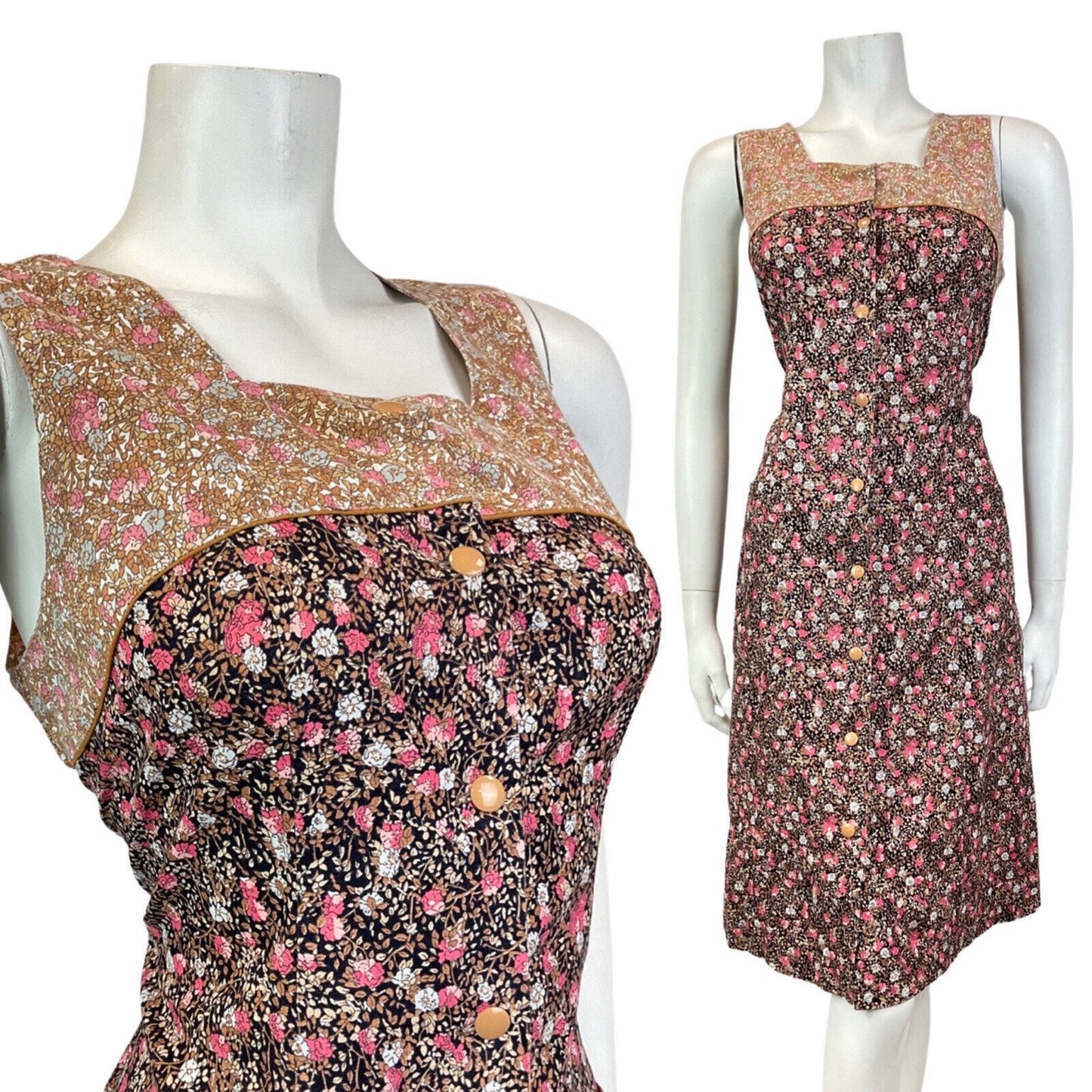 VINTAGE 60s 70s BLACK BROWN PINK DITSY FLOWER PINAFORE PINNY SUMMER DRESS 10 12
