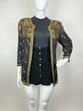 VINTAGE 70s 80s BLACK GOLD CHECKED LEAFY BEADED SEQUIN DISCO TROPHY JACKET 16 18