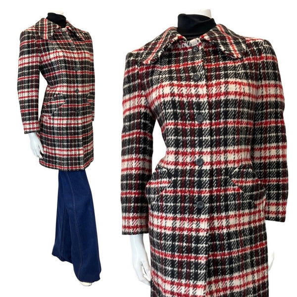 VINTAGE 60s 70s BLACK RED WHITE PLAID CHECKED SPOON COLLAR MOD WOOL COAT 16