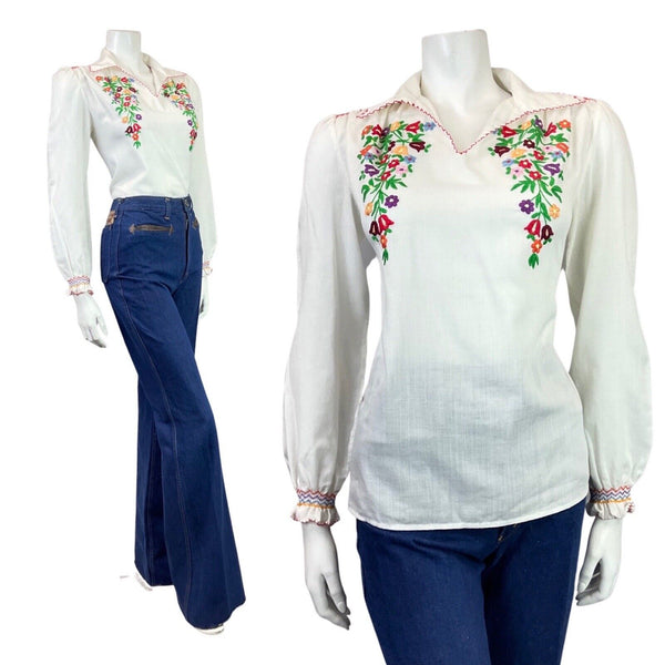 VINTAGE 60s 70s WHITE RED GREEN FLORAL VINE WING COLLAR BOHO BLOUSE 10 12