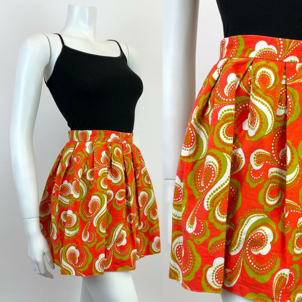 VINTAGE 60s 70s ORANGE GREEN WHITE PSYCHEDELIC PAISLEY FLORAL PLEATED SKIRT 4