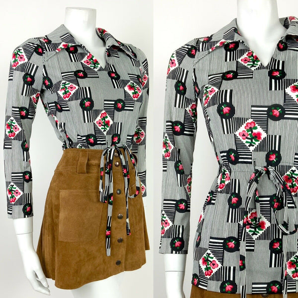 VINTAGE 60s 70s WHITE BLACK RED PINK STRIPED FLORAL WING COLLAR SHIRT TOP 6 8 10