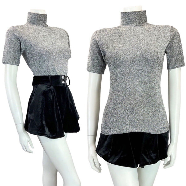 VINTAGE 70s SILVER GLITTER HIGH-NECK SHORT SLEEVE FITTED LUREX BLOUSE TOP 6 8