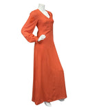 VINTAGE 60s 70s ORANGE CORAL FLOWER EMBROIDERY RUFFLE SLEEVE MAXI DRESS 8