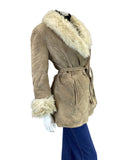 VINTAGE 60s 70s CREAM SAND BROWN BELTED MOD SUEDE SHEARLING WRAP COAT 12 14
