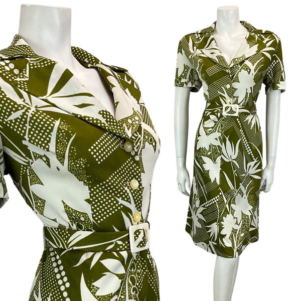 VINTAGE 60S 70S WHITE KHAKI GREEN FLORAL ABSTRACT PRINT BELTED MIDI DRESS 12 14