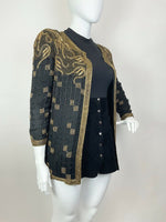 VINTAGE 70s 80s BLACK GOLD CHECKED LEAFY BEADED SEQUIN DISCO TROPHY JACKET 16 18