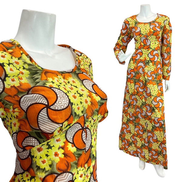 VINTAGE 60s 70s ORANGE YELLOW GREEN PSYCHEDELIC FLORAL SPIRAL MOD MAXI DRESS 12