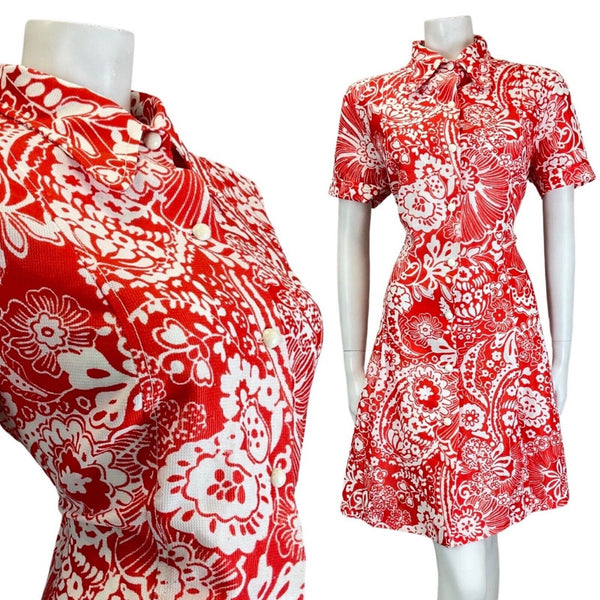 VINTAGE 60s 70s RED WHITE PSYCHEDELIC FLORAL MOD SPOON COLLAR SHIRT DRESS 16