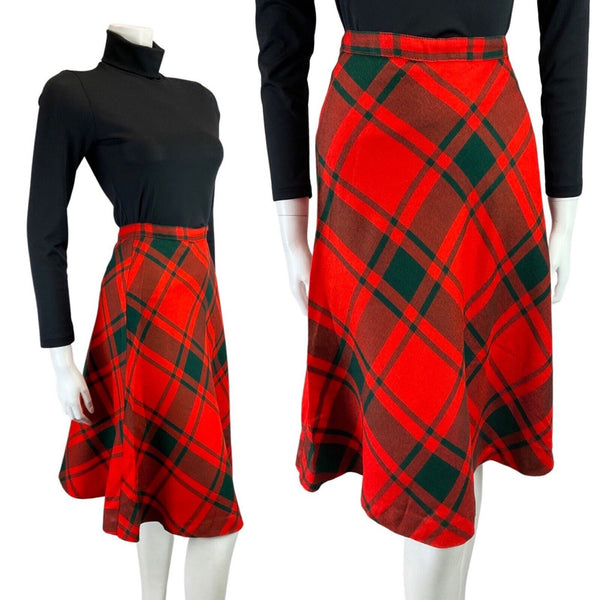 VINTAGE 60s 70s RED GREEN PLAID CHECKED KNEE-LENGTH SWING SKIRT 8