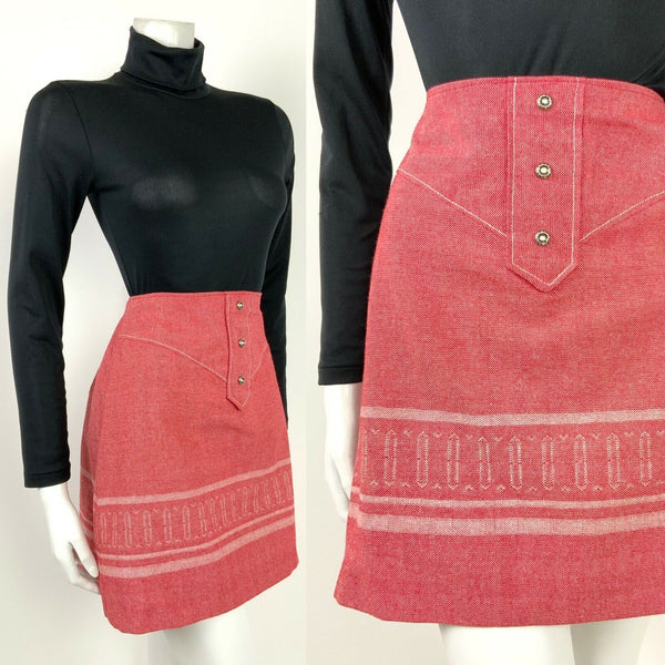 VINTAGE 60s 70s RED WHITE SILVER ZIG ZAG WOVEN HIPPY A-LINE SKIRT 6
