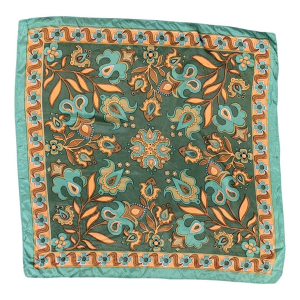 VINTAGE 60s 70s GREEN, BEIGE, BROWN, SCARF FLOWER POWER, PAISLEY, PSYCHEDELIC