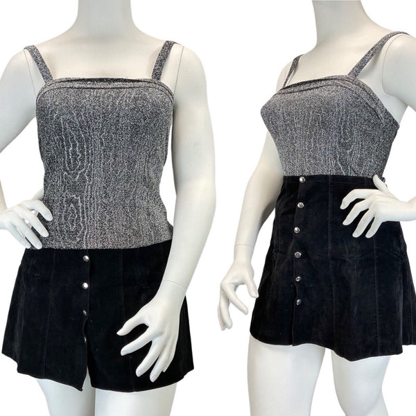 VINTAGE 60s 70s SILVER BLACK SWIRLY STRAPPY DISCO PARTY CROPPED TOP 14 16