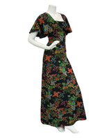 VTG 60s 70s BLACK RED GREEN BLUE FLORAL PSYCHEDELIC ANGEL SLEEVE MAXI DRESS 10