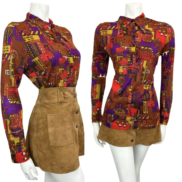VINTAGE 60s 70s BROWN RED PURPLE DAGGAR COLLAR PSYCHEDELIC BOHO SHIRT 12 14