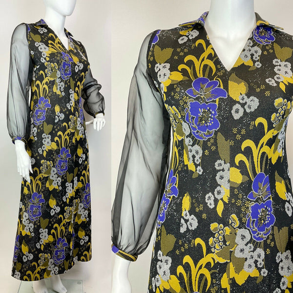 VTG 60s 70s BLACK PURPLE YELLOW LUREX PSYCHEDELIC FLORAL SHEER MAXI DRESS 16 18