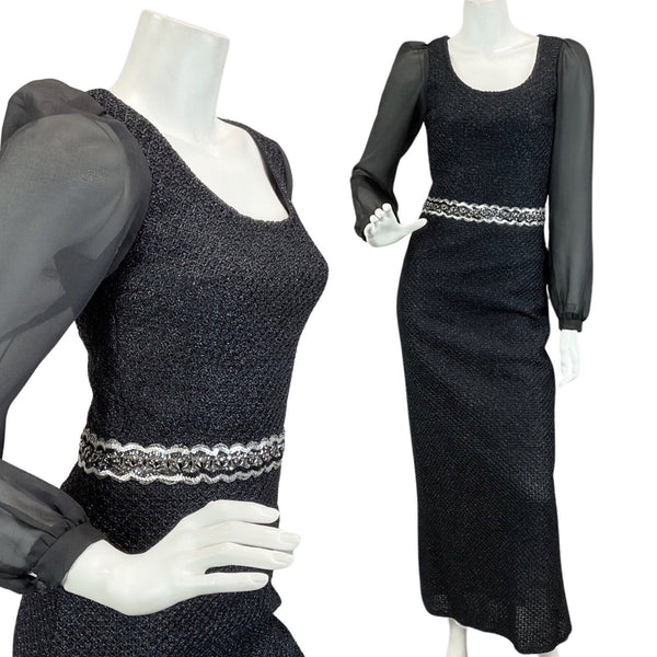 VINTAGE 60s 70s BLACK MIDNIGHT BLUE SPARKLY SEQUIN PARTY DISCO  MAXI DRESS 8