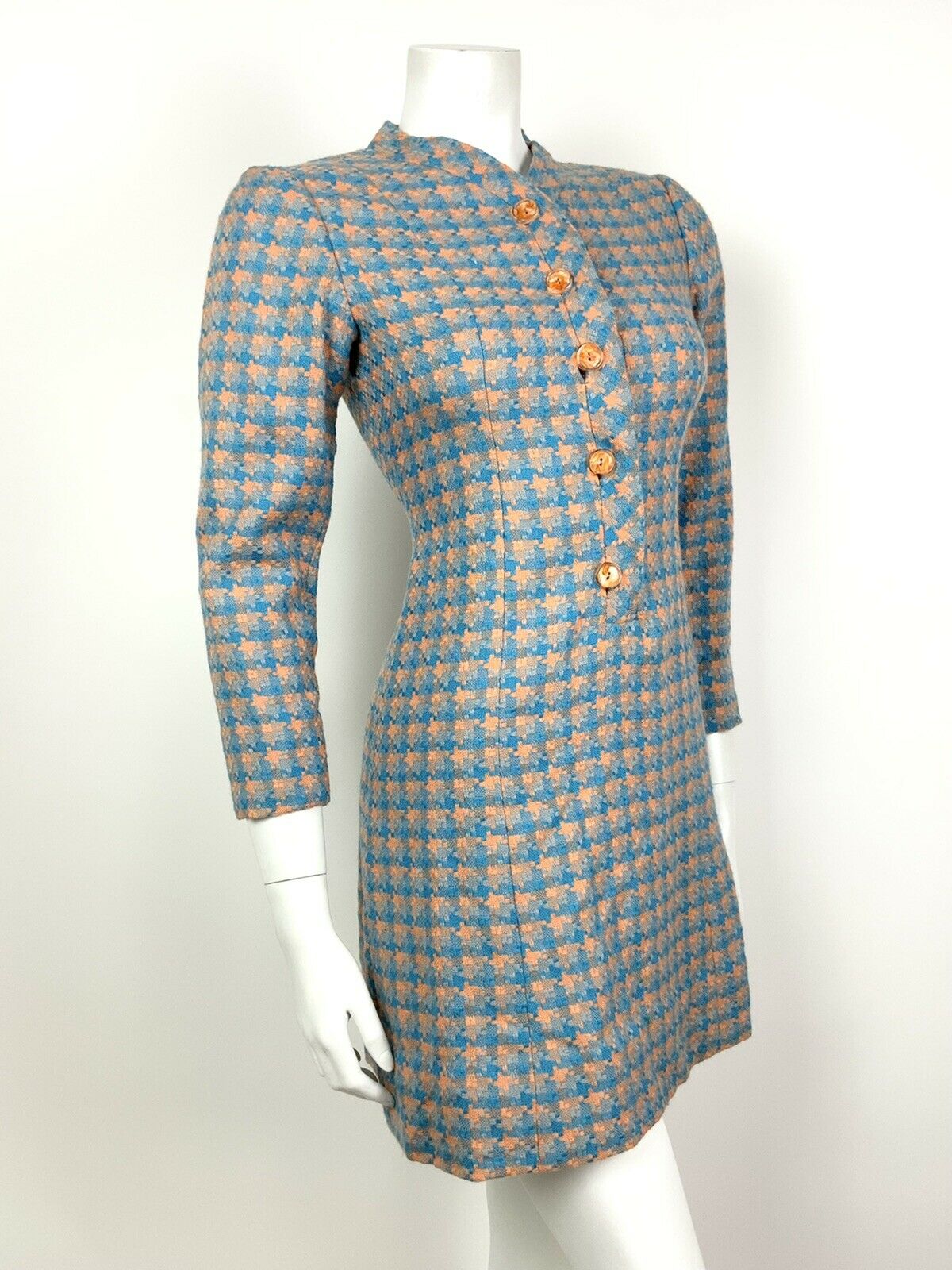 VINTAGE 60s 70s PASTEL ORANGE BLUE CHECKED HOUNDSTOOTH WOOL MOD SHIFT DRESS 8
