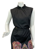 VINTAGE 60s 70s BLACK PURPLE BURGUNDY PAISLEY PRINT BOHO DISCO MAXI DRESS 14 16