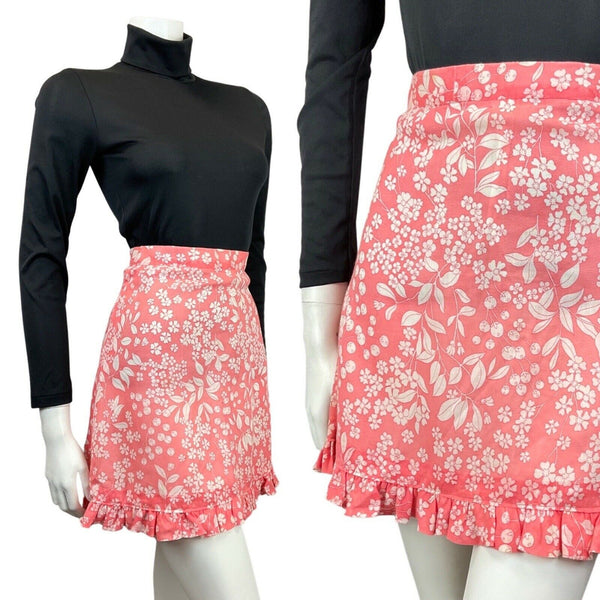 VINTAGE 60s 70s PEACH PINK WHITE FLORAL BERRY RUFFLE SHORT SKIRT 4