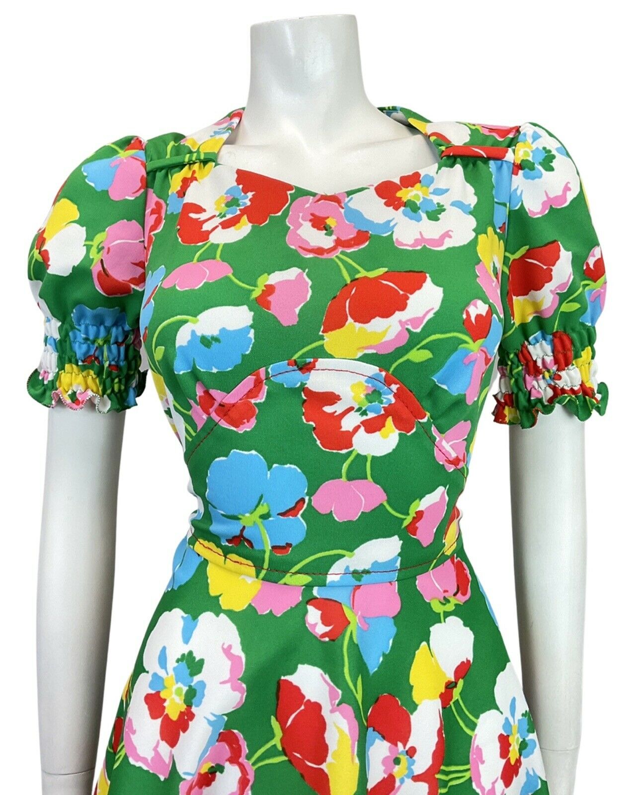 VINTAGE 60s 70s GREEN RED BLUE WHITE FLORAL POPPY PUFF SLEEVE MOD DRESS 10 12
