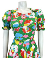 VINTAGE 60s 70s GREEN RED BLUE WHITE FLORAL POPPY PUFF SLEEVE MOD DRESS 10 12